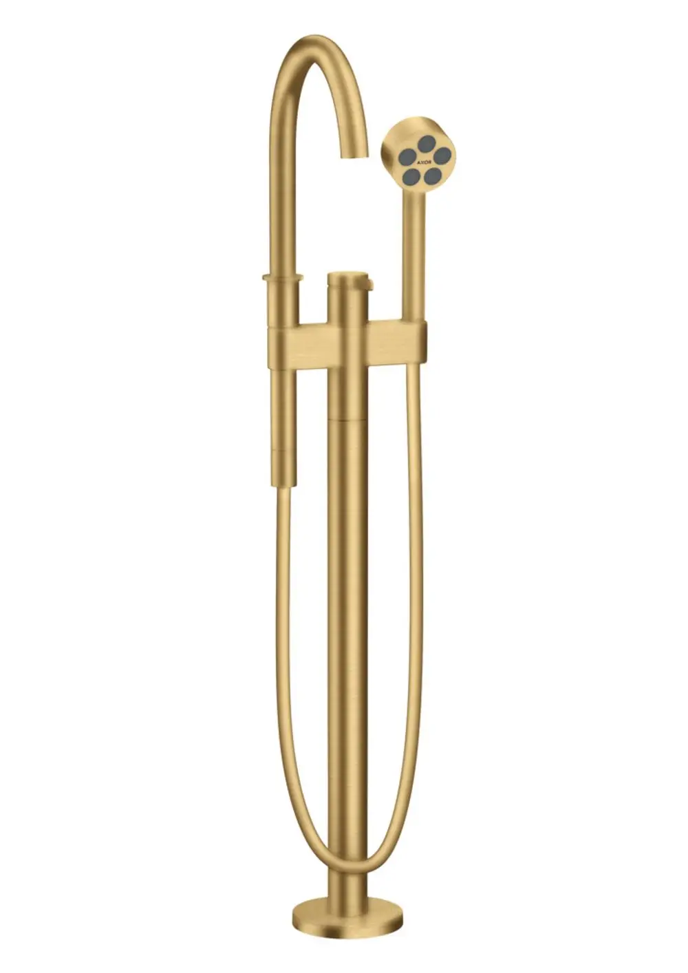Freistehender Badewannenmischer in gebürsteter Goldoptik, mit Handbrause und Steuerung. Produkt von AXOR mit schlichtem, funktionalem Design.